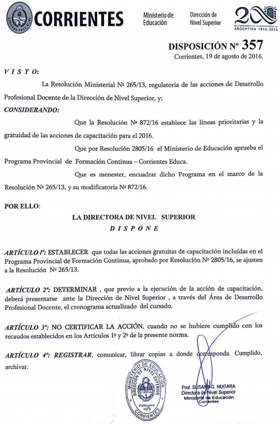 Disposici&oacute;n 357-2016